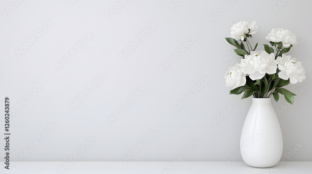 Ceramic white vase of unusual shape with white peonies.
Ceramic white vase of unusual shape with white peonies.