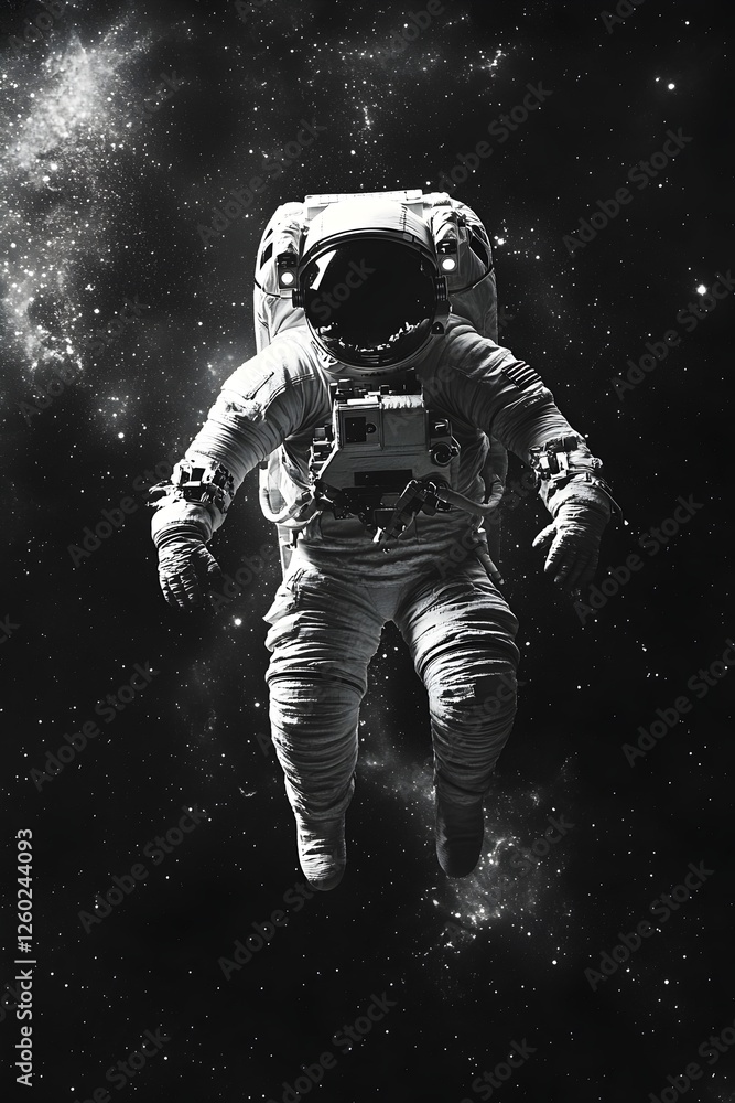 Fototapeta premium Astronaut Floating in Space with Cinematic Lighting in Black and White Design