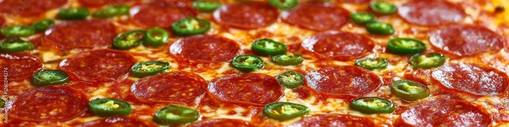 Close-Up of Delicious Hot Pizza with Pepperoni, Jalapenos, and Melted Cheese, Food Background Close-Up of Delicious Hot Pizza with Pepperoni, Jalapenos, and Melted Cheese, Food Background