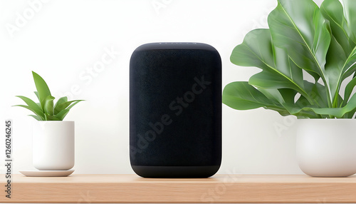 Smart speaker on shelf with potted plants for home technology and decoration photo