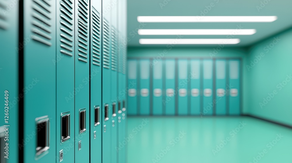 School Concept, Brightly Lit Hallway with Ajar Lockers in a Modern School Environment School Concept, Brightly Lit Hallway with Ajar Lockers in a Modern School Environment
