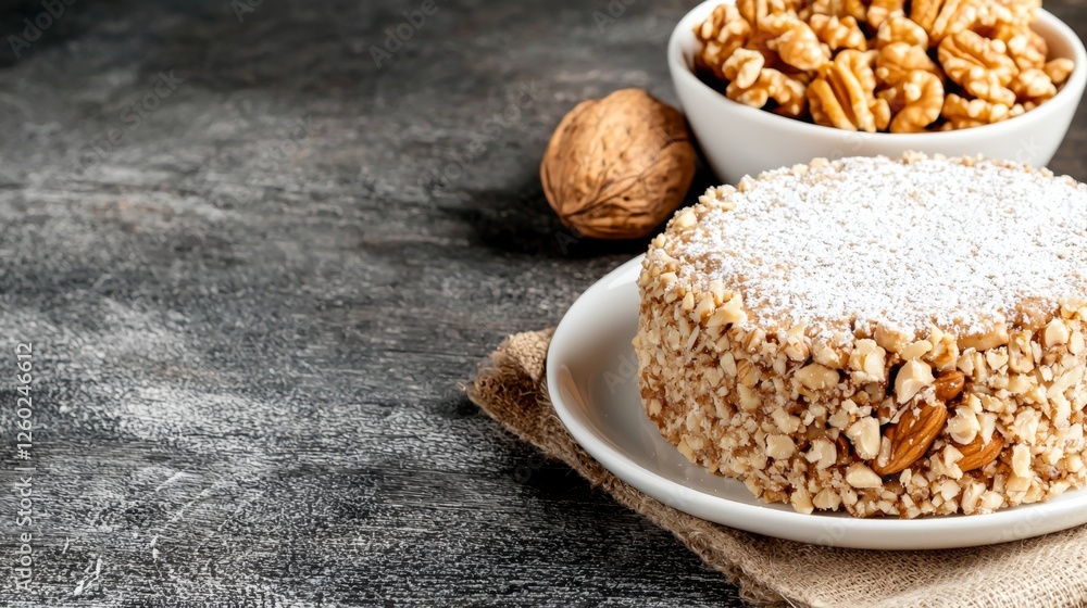 a plate with a walnut cake on it, topped with a generous layer of powdered sugar Beside the plate is a bowl of walnuts, and a cloth is draped over the table a plate with a walnut cake on it, topped with a generous layer of powdered sugar Beside the plate is a bowl of walnuts, and a cloth is draped over the table