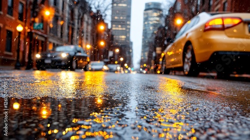  a yellow taxi cab driving down a wet city street in the rain The street is lined with buildings, street lights, and trees, and the sky is visible in the background
