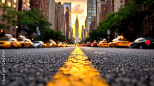  a city street filled with lots of yellow cabs, surrounded by tall buildings and trees The sky in the background is filled with white, fluffy clouds