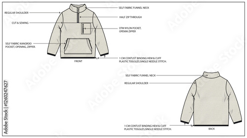 Winter Funnel Neck Kids Borg Zip Through Jacket Fashion Design Technical Tech Pack. 