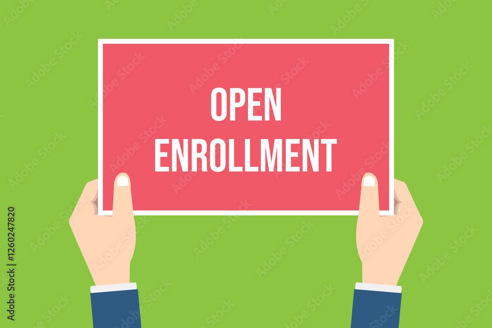The human hands holds a open enrollment sign The human hands holds a open enrollment sign