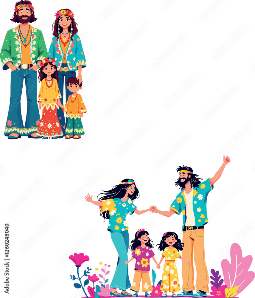 Fototapeta premium Hippie families wearing colorful clothing and floral headbands