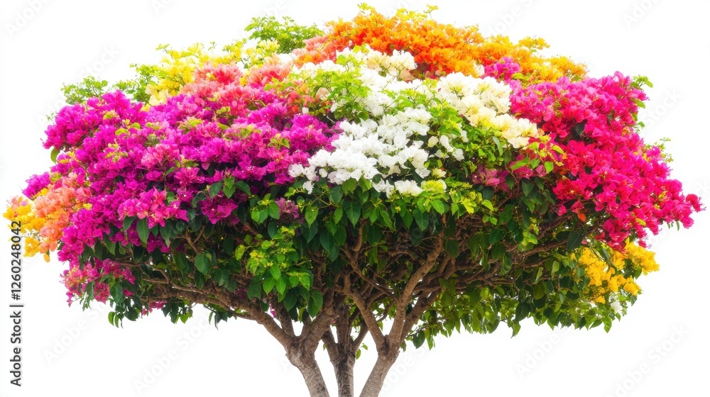 Fototapeta premium Vibrant Bougainvillea Tree in Full Bloom Against a White Background in Lush Garden Setting
