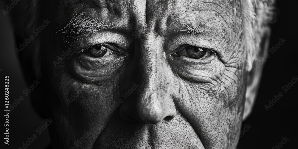 A poignant close-up captures an elderly man's textured face in black and white. Wrinkles and creases reveal life's journey, with subtle blurring adding depth and emotion A poignant close-up captures an elderly man's textured face in black and white. Wrinkles and creases reveal life's journey, with subtle blurring adding depth and emotion