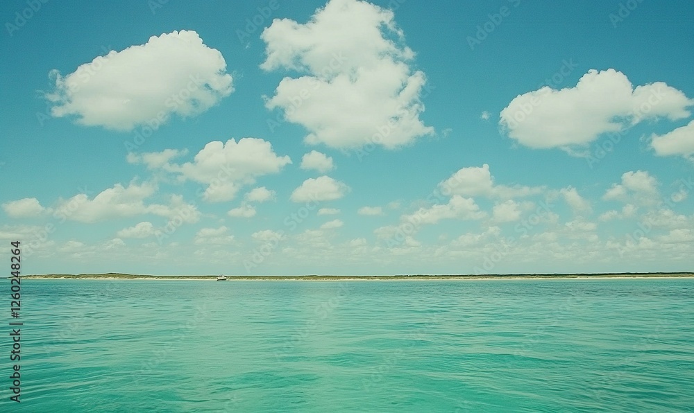 Obraz premium Calm turquoise ocean, distant island under cloudy sky, ideal for travel or nature projects