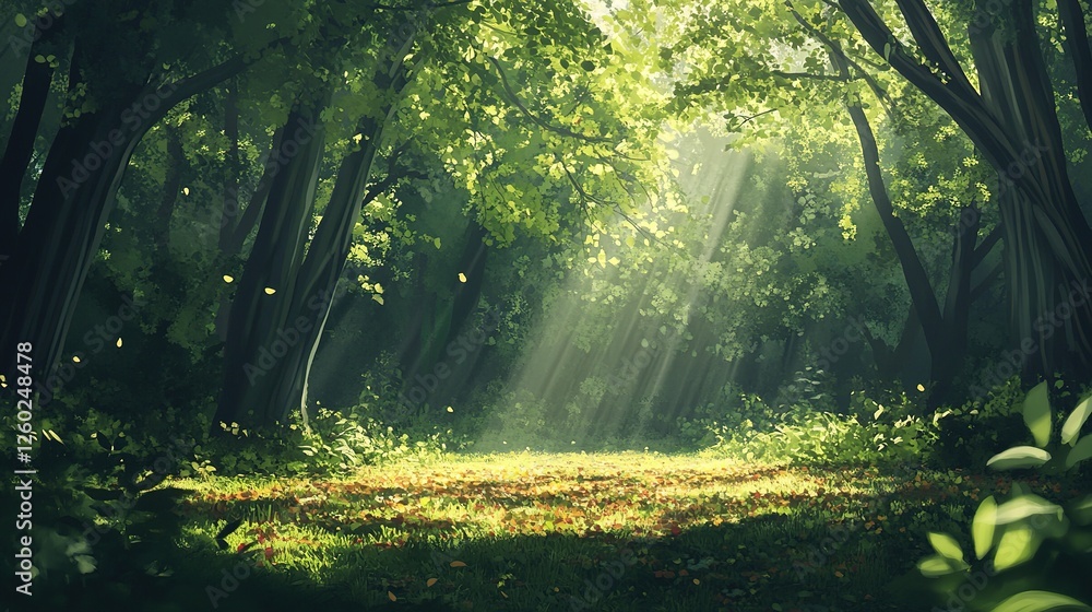 Obraz premium Sunbeams Illuminate A Lush Forest Clearing