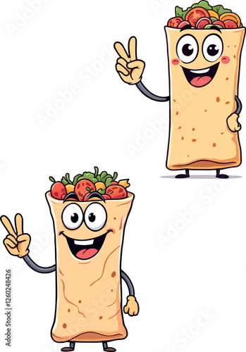 Happy burrito character making victory sign with two fingers