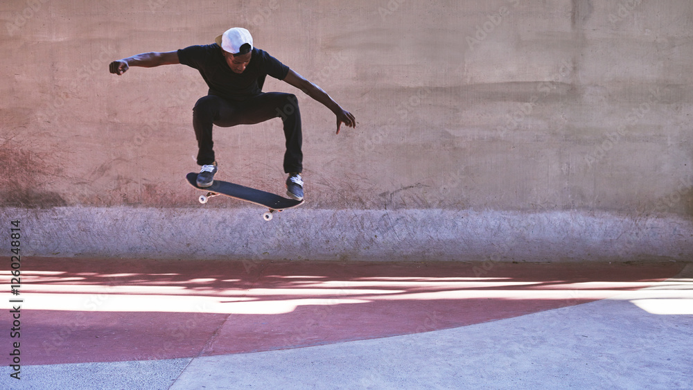 Fototapeta premium Energy, skateboard and jump with man at park for urban, extreme sports and trick flips. Street league, balance and fitness with person and skating for ollie in city with youth, culture and hobby