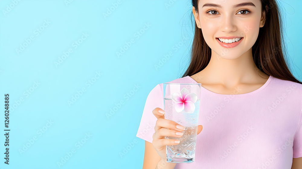 Woman Holding Iced Drink Against Light Blue Background Woman Holding Iced Drink Against Light Blue Background