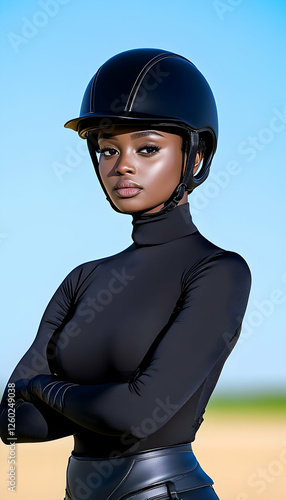 Woman in equestrian helmet, outdoors, sunny day, fashion portrait, possible stock photo photo