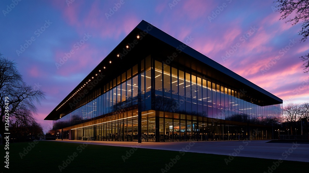 Modern architecture marvel with a sunset backdrop enhancing the building beauty Modern architecture marvel with a sunset backdrop enhancing the building beauty