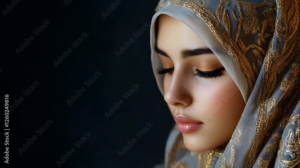 A woman wearing an intricate Middle Eastern hijab with gold accents A woman wearing an intricate Middle Eastern hijab with gold accents