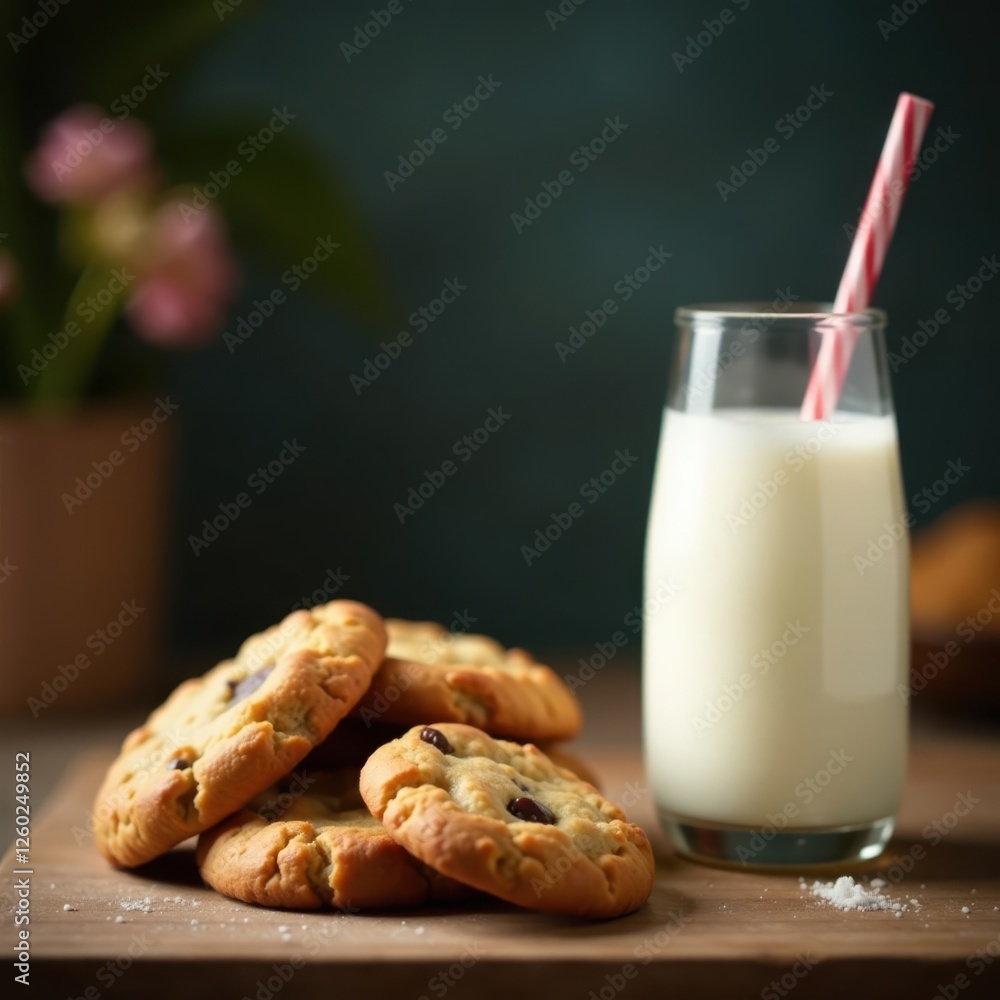 Cool milk, warm cookies Rustic kitchen setting , delicious, brown, stock photo Cool milk, warm cookies Rustic kitchen setting , delicious, brown, stock photo