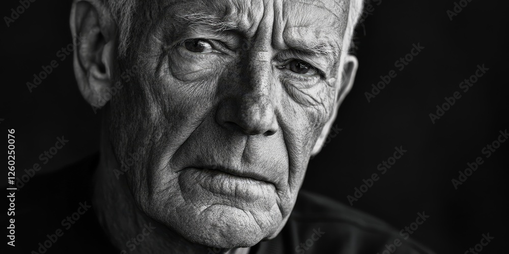 Elderly man’s weathered visage in striking B&W; deep-set wrinkles create an evocative play of light and shadow, revealing life's intricate stories Elderly man’s weathered visage in striking B&W; deep-set wrinkles create an evocative play of light and shadow, revealing life's intricate stories
