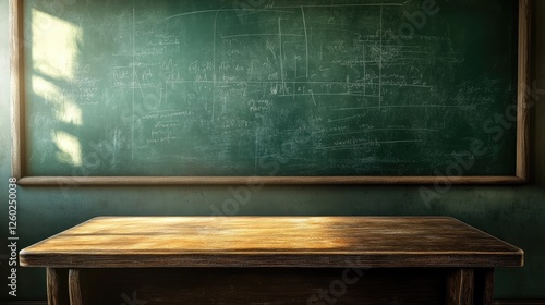 A classic wooden school desk in front of a large green blackboard, with soft classroom lighting creating a nostalgic atmosphere.