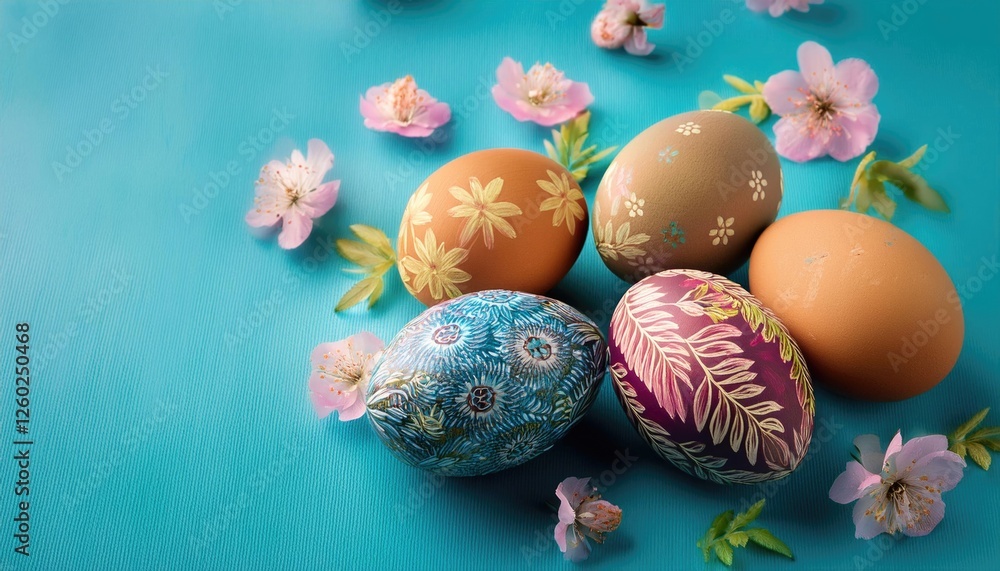 Obraz premium Easter eggs, floral pattern, on blue background