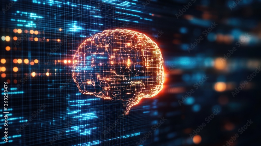Obraz premium Digital Brain: AI, Neural Network, and Data Visualization