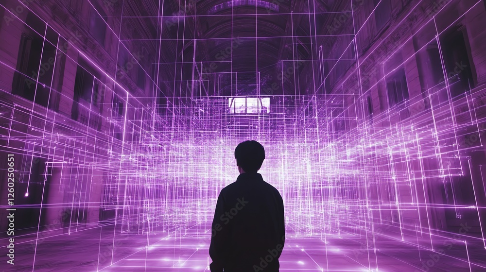 Silhouette in a Purple Neon Grid: Abstract Architectural Vision Silhouette in a Purple Neon Grid: Abstract Architectural Vision