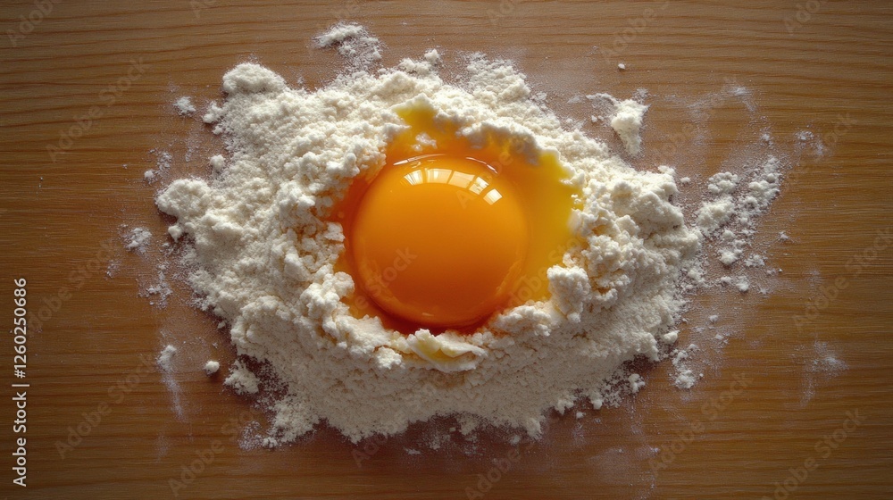 Raw Egg Surrounded by Flour on Wooden Surface Ready for Baking and Cooking in Kitchen Raw Egg Surrounded by Flour on Wooden Surface Ready for Baking and Cooking in Kitchen