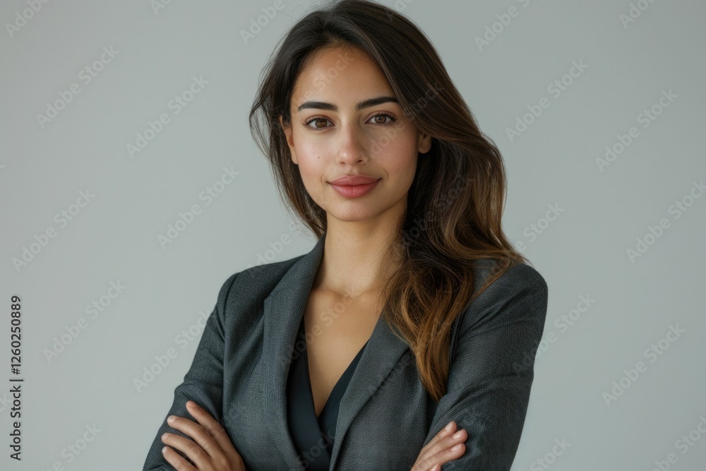Confident businesswoman with arms crossed, wearing a dark gray blazer against a light gray background. Confident businesswoman with arms crossed, wearing a dark gray blazer against a light gray background.