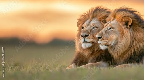  two lions laying in the grass at sunset  with a blurred background The image is in high definition  making it perfect for use as a wallpaper