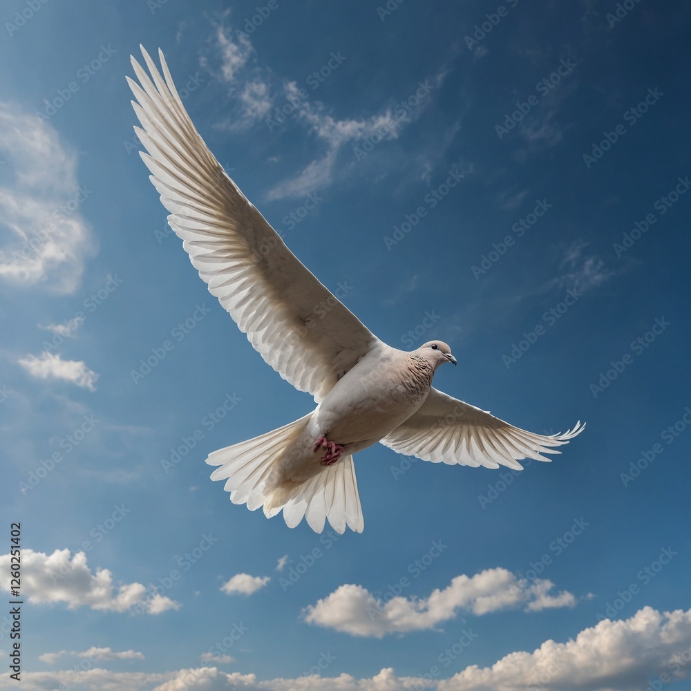 Fototapeta premium A dove flying through a clear, peaceful sky. Dove flying in the air with wings wide openDove flying in the air with wings wide open White dove flying in the blue sky