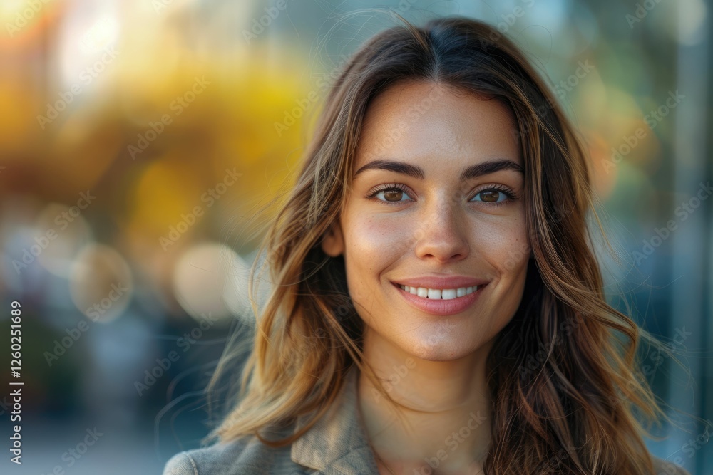 A smiling woman with long brown hair, outdoors in soft light. A smiling woman with long brown hair, outdoors in soft light.