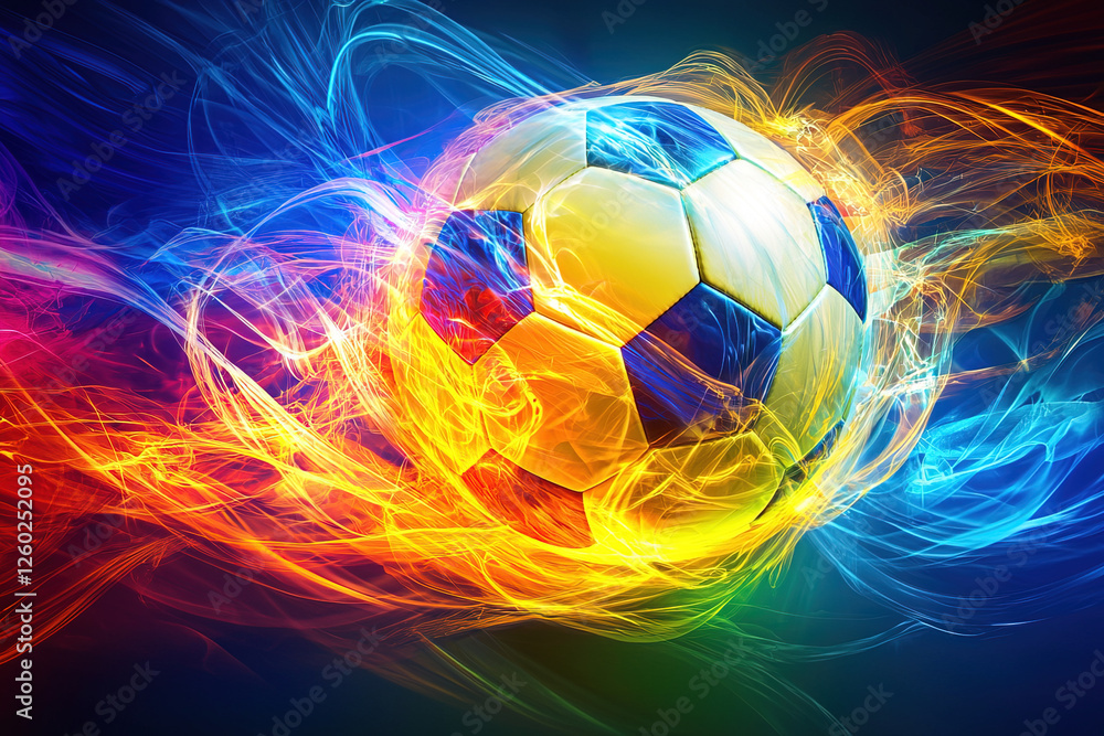 Fototapeta premium Dynamic soccer ball in vibrant colors surrounded by swirling energy waves during a night match