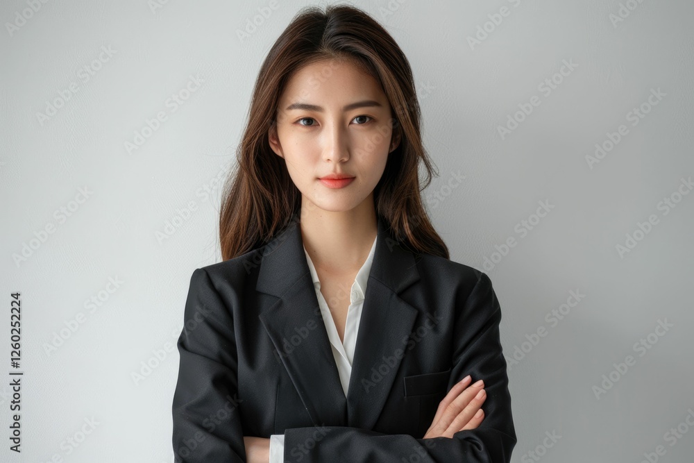 Confident young Asian businesswoman in a black blazer, arms crossed, posing against a light gray background. Confident young Asian businesswoman in a black blazer, arms crossed, posing against a light gray background.