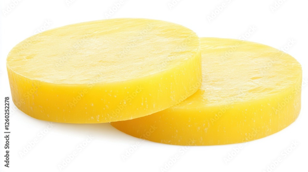 Fresh Yellow Cheese Slices on a Bright White Background With a Smooth Texture Fresh Yellow Cheese Slices on a Bright White Background With a Smooth Texture