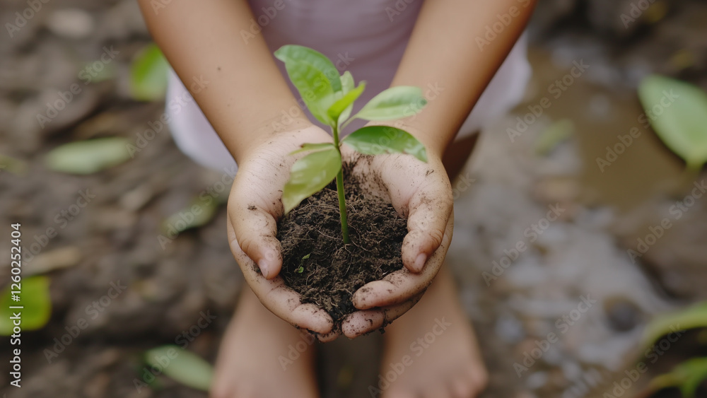 Fototapeta premium child gently holds small sapling with soil in cupped hands