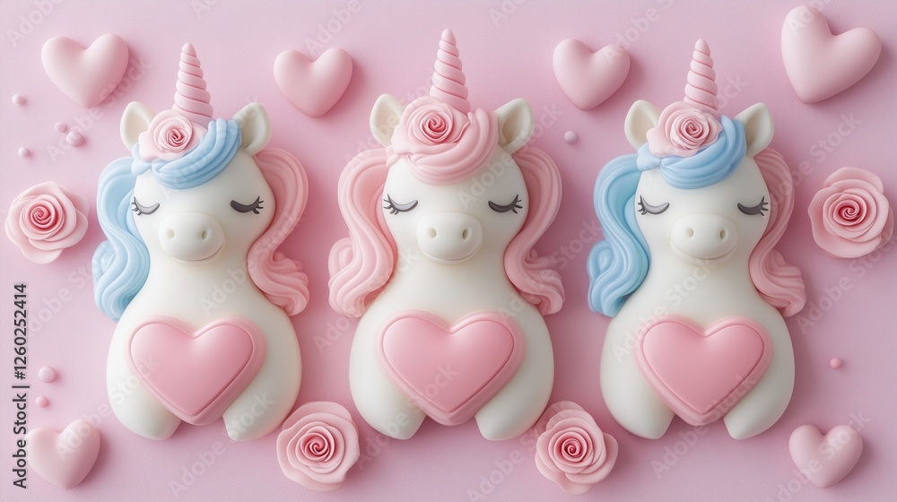 Three marzipan unicorn decorations with pink hearts and roses for festive celebrations Three marzipan unicorn decorations with pink hearts and roses for festive celebrations