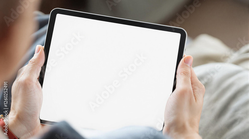 blank tablet display: a person holding a device with a white screen, ready for content or app, with a blurred background
