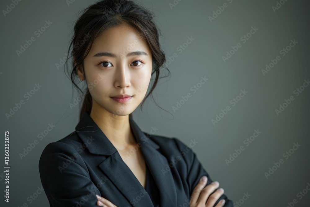 Portrait of a young Asian woman in a black blazer, arms crossed, confident and composed. Portrait of a young Asian woman in a black blazer, arms crossed, confident and composed.