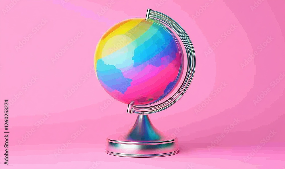 Colorful globe on a silver stand against a pink backdrop Colorful globe on a silver stand against a pink backdrop