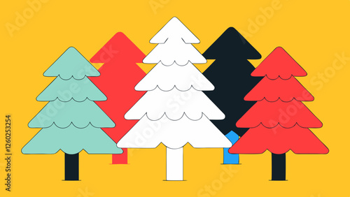 A colorful minimalist illustration of stylized pine trees in a geometric arrangement. The bold palette and clean design create a modern, festive, and nature-inspired aesthetic perfect for seasonal and