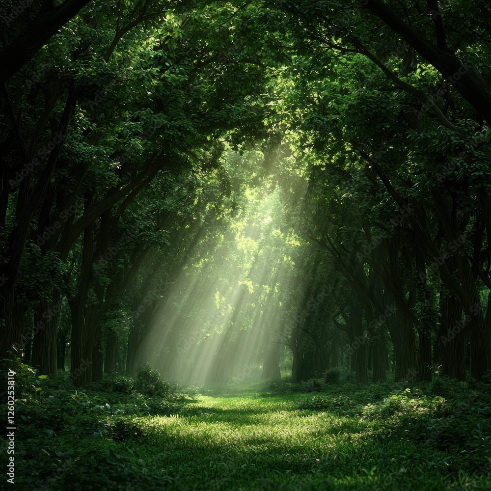 Obraz premium A serene forest scene with sunlight streaming through lush green trees, creating a peaceful and enchanting atmosphere.