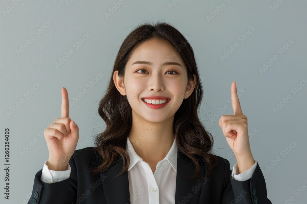 A smiling businesswoman points upwards with both index fingers, suggesting ideas or solutions. A smiling businesswoman points upwards with both index fingers, suggesting ideas or solutions.
