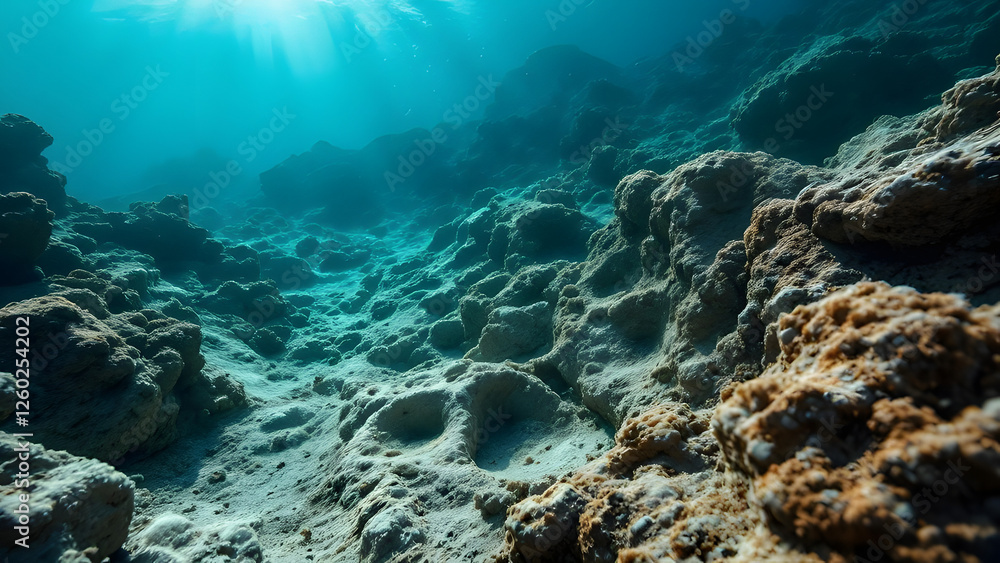 Fototapeta premium Underwater scene showcasing rocky terrain with sunlight filtering through the water.