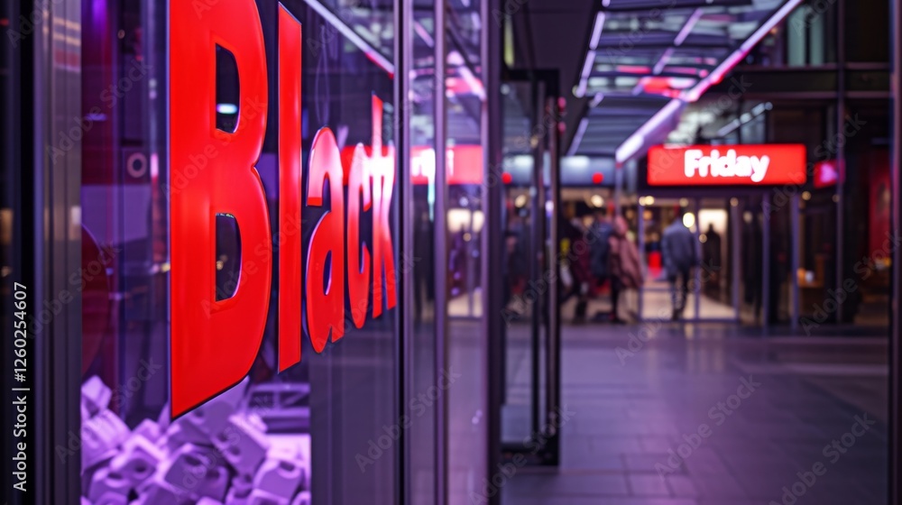 A vibrant urban shopping mall entrance during Black Friday, featuring bold red signage reflecting in glass walls. Shoppers in the background create a dynamic retail atmosphere. AI generated. A vibrant urban shopping mall entrance during Black Friday, featuring bold red signage reflecting in glass walls. Shoppers in the background create a dynamic retail atmosphere. AI generated.