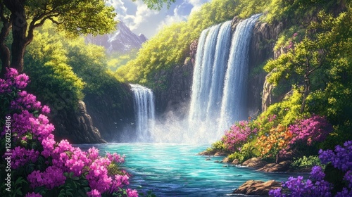 Lush Waterfall Landscape, Tranquil Paradise, Scenic Beauty, Nature Background, Ideal for Relaxation