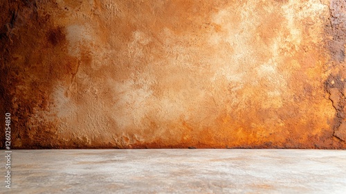  an empty room with a rusty wall and a concrete floor The wall is a warm brown color and the floor is a light gray The texture of the wall is rough and uneven, giv photo