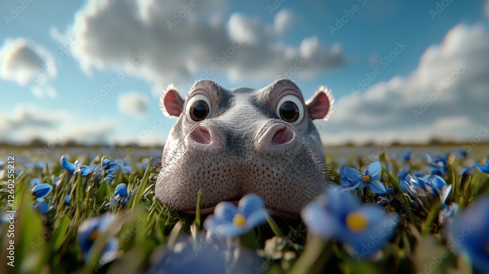 a hippopotamus in a field of blue flowers with a cloudy sky in the background The hippo is in the center of the image, surrounded by lush green grass and vibrant b a hippopotamus in a field of blue flowers with a cloudy sky in the background The hippo is in the center of the image, surrounded by lush green grass and vibrant b
