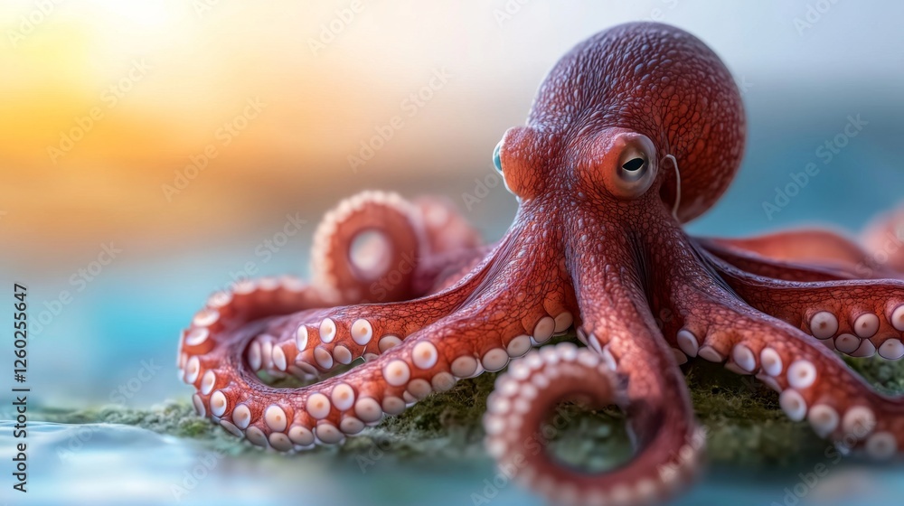 Obraz premium an octopus sitting atop a rock in the ocean, with a blurred background The octopus is in the center of the image, with the water surrounding it