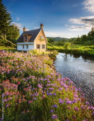 Rural property loan. picturesque cottage by tranquil river with wildflowers in bloom photo